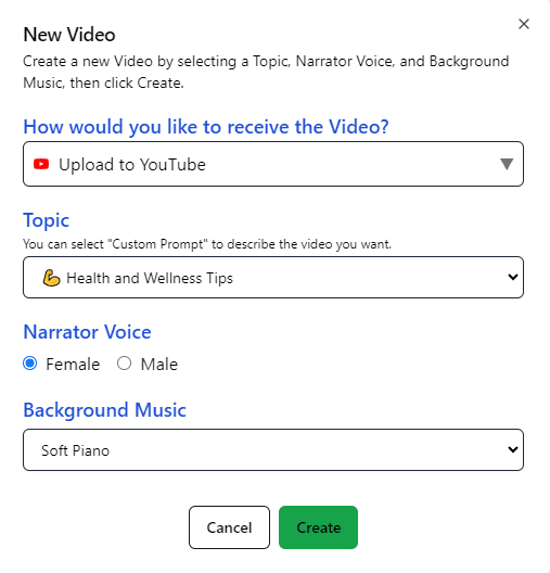 VidNarrate- Step 1: Select Your Topic, Voice & Music